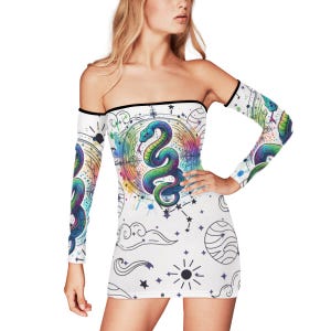 Mystische Schlange Off-Shoulder Schnürkleid, Magic Celestial Bodycon Kleid, mystische Schlange Off-Shoulder Kleid, wunderliches Kleid, gothic Kleid