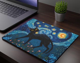 Starry Night Black Cat Mouse Pad, Starry Night Mouse Pad, whimsical Gift for Cat Lovers, Starry Night desk mat, celestial Desk Accessories