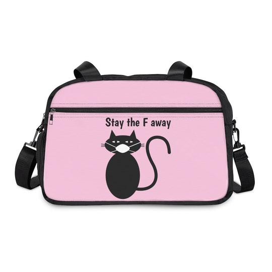 Black cat wearing mask says Stay the F away Fitness Handbag