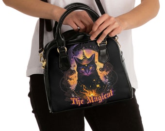 Magical black cat Shoulder Handbag, witchy cat familiar bag, celestial whimsical fantasy crossbody bag, gothic spiritual mystic shoulder bag