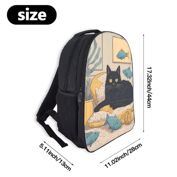Conjunto de mochila y lonchera con diseño de gato negro y pez