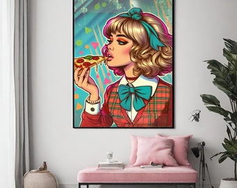 Ragazza retrò che mangia pizza wall art, Ragazza preppy che mangia pizza Matte Vertical Poster, Ragazza pop art Retro vintage Wall Decor, regalo per gli amanti della pizza