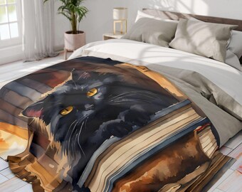 Black Cat fleece blanket, Cozy Cat Library Fleece Blanket gift for black cat lover, black cat gifts, Warm Throw, Home Decor, Cozy Gifts