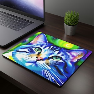 Bunte Katze grafische rechteckige Mausunterlage, Katzenliebhabergeschenk, helle nette Katzeschreibtischmatte, lebendige wunderliche Katzemausunterlage kawaii Katzenzubehör
