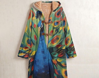 Peacock Coat, Boho Fleece Jacket, Artistic Hooded Windbreaker, Cozy Sherpa Lined Outerwear, Peacock long Windbreaker Coat, Peacock Jacket