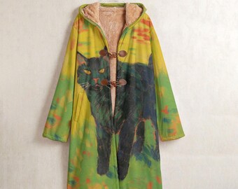 Impressionist Black Cat Fleece Windbreaker Coat, Cute Black Cat Horn Button Long Hooded Coat, Artistic Cat Streetwear, Cozy Fuzzy Cat Jacket