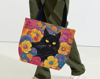 Floral Fantasy Black Cat Canvas Tote Bag, Lightweight Large Capacity Tote Bag, Boho Cat Tote Bag, Black Cat Shoulder Bag, Whimsical Tote Bag