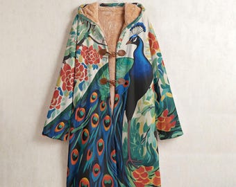 Peacock Fleece Windbreaker, Peacock Horn Button Long Hooded Coat, Artistic Botanical Streetwear, Boho Outerwear, Nature Inspired Long Coat