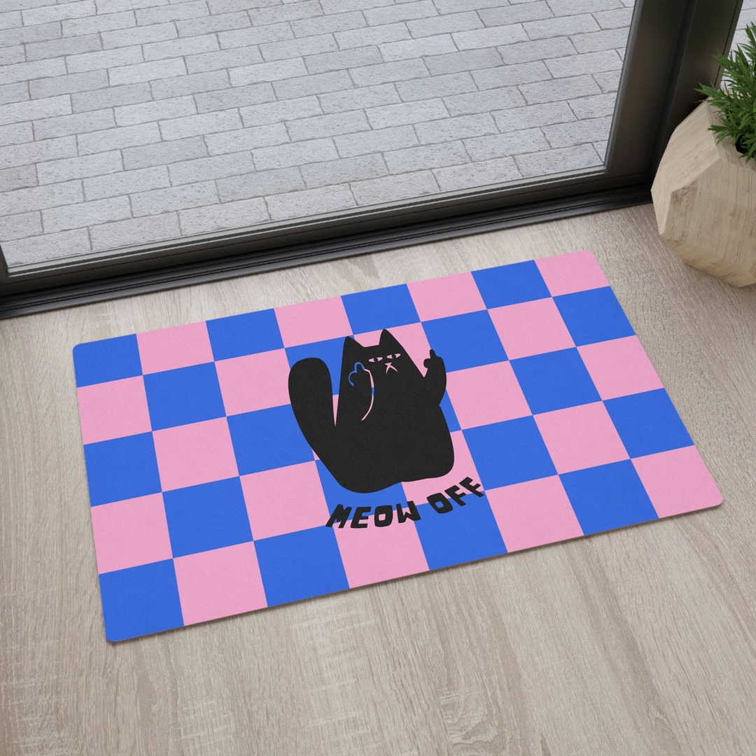 Checkered Funny Cat Floor Mat Black Cat Middle Finger Meow Etsy