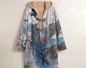 Geisha Fleece Windbreaker, Japanese Horn Button Long Coat, Traditional Chinese Art Jacket, Fuzzy Lined Warm Winter Coat, Maiko Kimono Coat