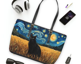 星空の夜の黒猫ショルダーバッグ、気まぐれな猫のトートバッグ、黒猫のフェイクレザーショルダーバッグ、アート愛好家へのギフト、黒猫愛好家のアクセサリー
