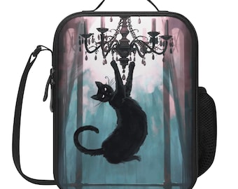 Chandelier Black Cat Lunch Box Bag, Aesthetic Artistic Cat Picnic Tote, Whimsical Gothic Cat lunch tote, Victorian Black Cat Lunchbox