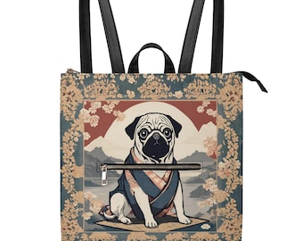 Ukiyo e Pug Backpack, Japanese Art Pug School Bag, Cute Pug Student Backpack, Gift for Pug Lover, Ukiyo e art School Bag, Kawaii Pug Gifts