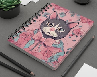 Florales Katzen-Spiral-Journal, viktorianisches Katzen-Notizbuch, süßes Vintage-Katzen-Journal, Katzenliebhabergeschenk, Cottagecore-Ästhetisches Journal, Zurück zur Schule