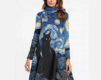 Starry Night Black Cat High Neck Dress | Starry Night Long Sleeve Autumn Dress | Van Gogh Inspired Art Dress | Black Cat Turtleneck dress