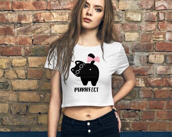 Funny cat Women’s Crop Tee, Weirdcore Cat with bow preppy baby tee, coquette clothing, unhinged shirt, cute cat crop top preppy cat baby tee