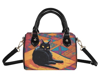 Boho Black Cat Quilt Mini Boston Bag – Artistic Vintage Patchwork PU Leather Satchel Handbag, Unique cat lady purse, Black cat gift for her