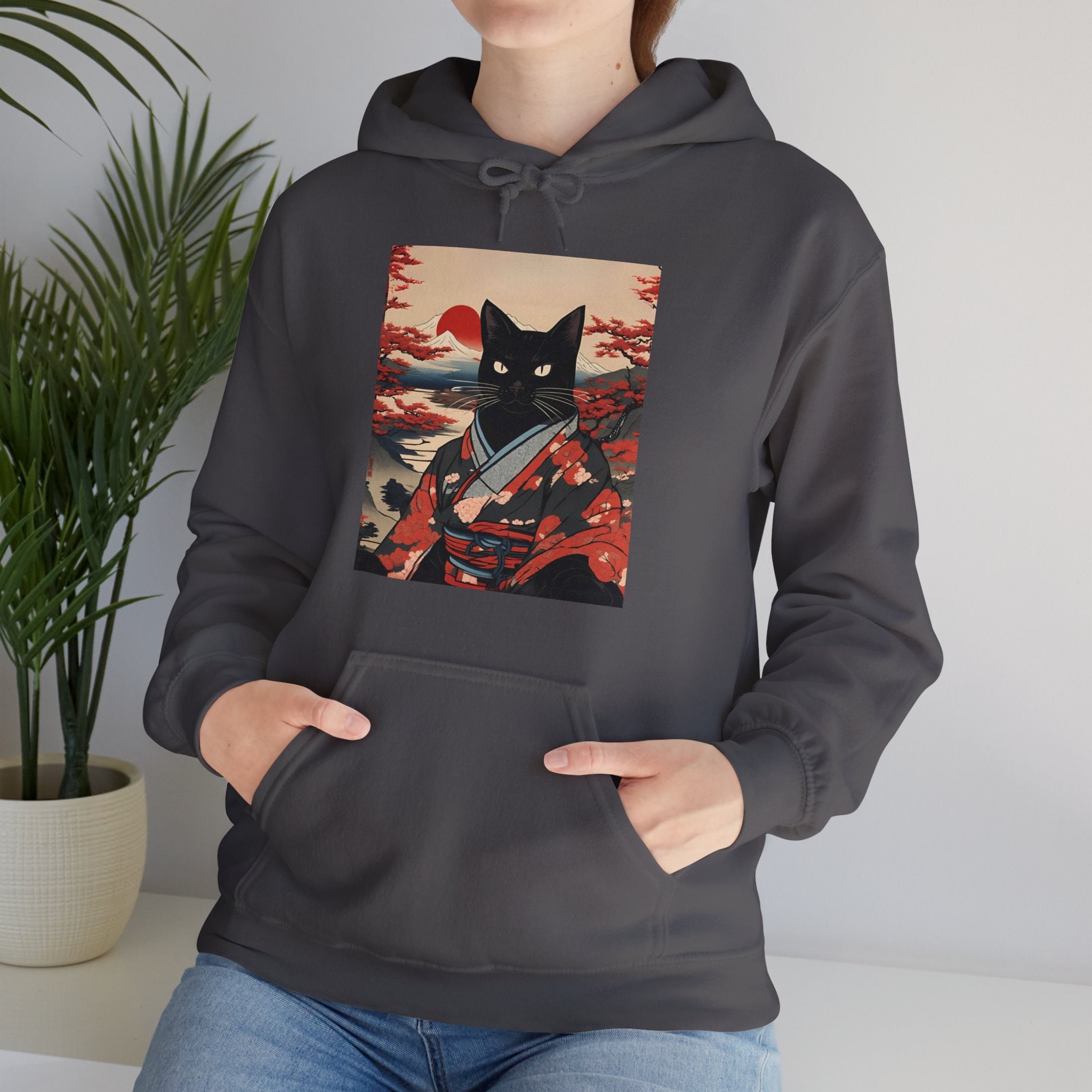 Japanese Black Cat Hooded Sweatshirt, Ukiyo-e Style Hoodie, Black