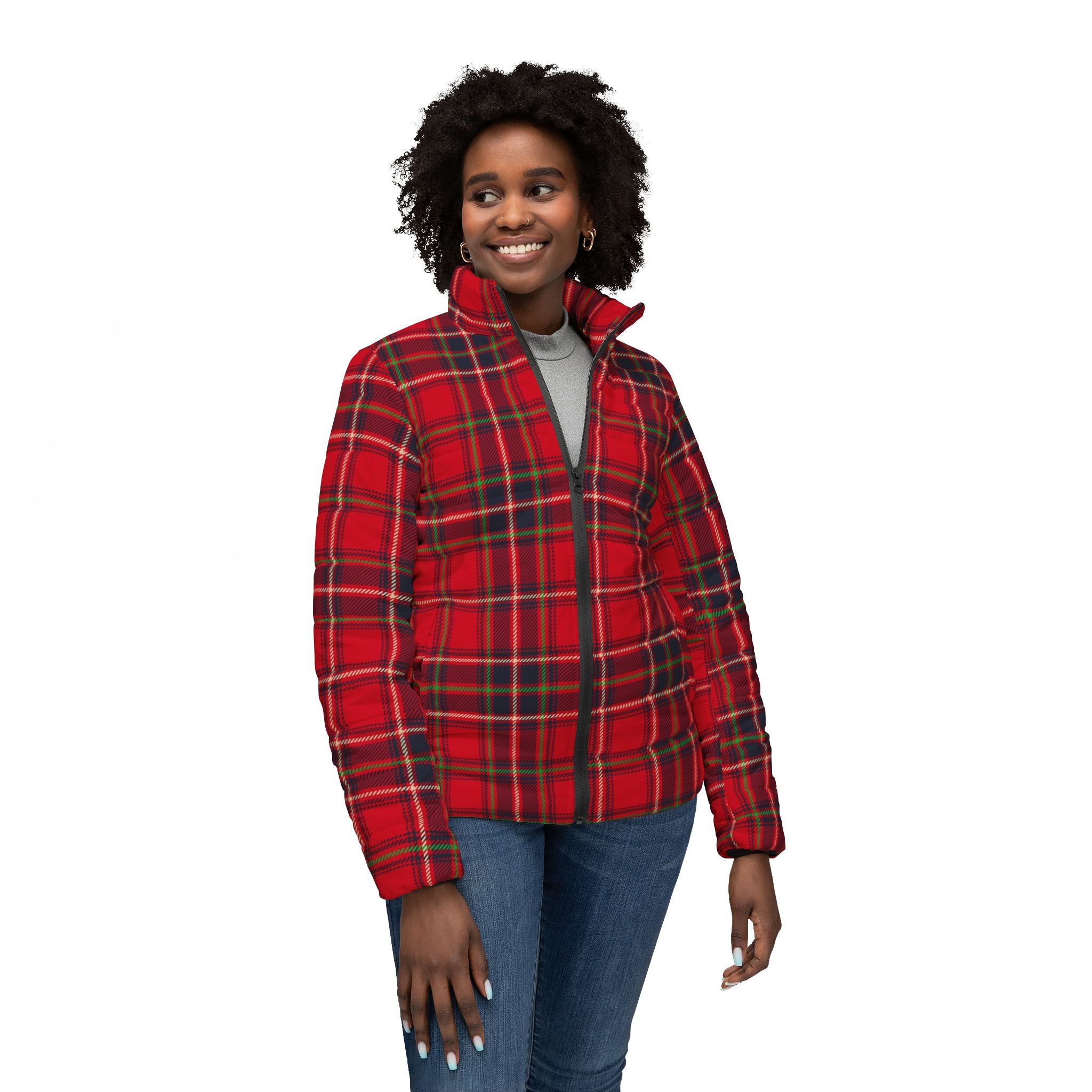 Plaid Tartan Puffer Jacket, Tartan Outerwear Jacket, Checkered 