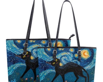 星空の黒猫ショルダーバッグ、面白い黒猫PUレザーショルダーバッグ、天空のゴッホアートショルダーバッグ、気まぐれなショルダーバッグ