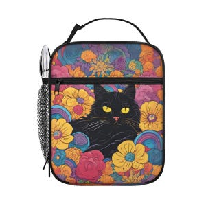 Bolsa de almuerzo con aislamiento de gato negro floral, bolsa de almuerzo estética con soporte para utensilios de bolsillo frontal, portátil impermeable para el trabajo, regalos de gato negro