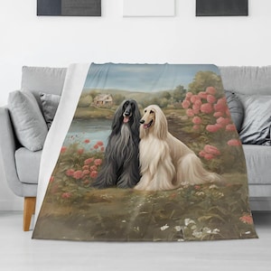 Cottagecore Afghan Hound Flannel Blanket, Afghan Hound Lovers Soft Fleece Throw, Breathable Blanket 4 Sizes, Whimsical Afghan Hound Blanket