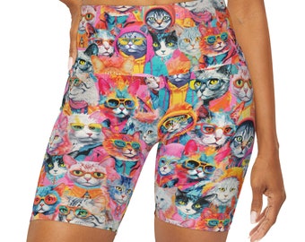 Hipster Cats pattern High Waisted Yoga Shorts, Retro cats pattern Women's Bike Shorts, Vintage Cats Workout Shorts, Groovy cats leggings