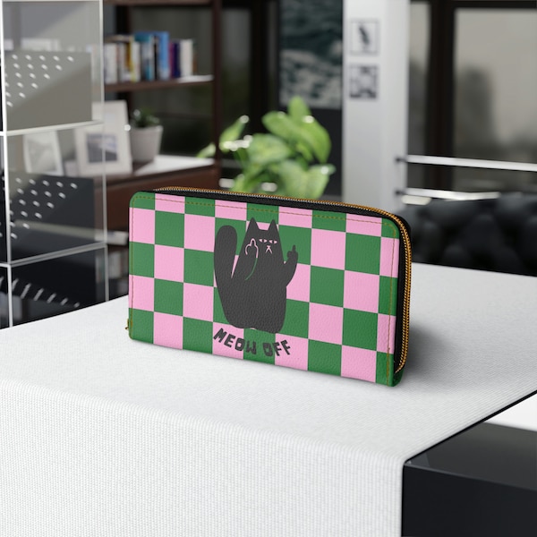 Checkered funny cat Wallet, Black Cat middle finger meow off Wallet, cute wallet , crazy cat lady gift, cat lover gift, kawaii cats wallet