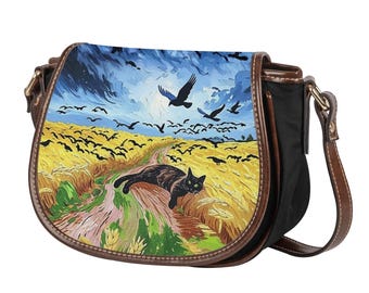 Wheatfield with Crows Black Cat Saddle Bag, Impressionist Fine Art Van Gogh Flap Crossbody Purse, Cat Whimsical Vintage Starry Sky Handbag