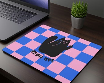 Checkered Funny cat Mouse pad, Black Cat middle finger desk mat, cute Mousepad, cat lover gift, neko kawaii Mouse pad, back to school gift