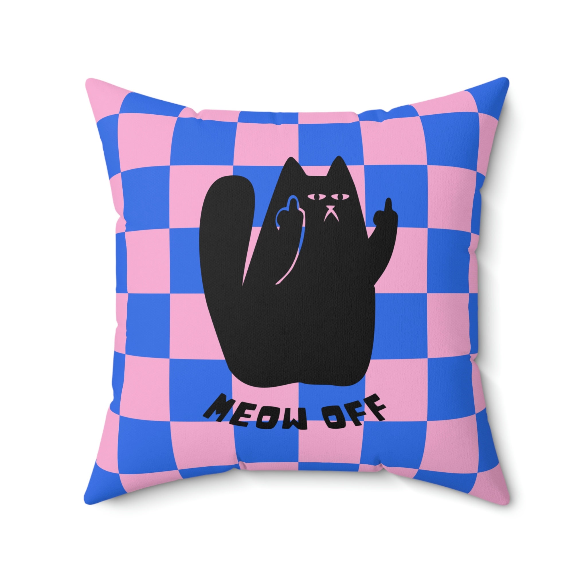 Checkered Funny Cat Pillow Black Cat Pointing Middle Finger Etsy