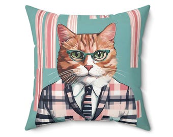 Hipster Cat Pillow, Whimsical Cat Pillow, Nerdy Cat Pillow, Geeky Cat Cushion, Decorative Cushion, Stylish Home Decor, Fun Cat-Themed Accent