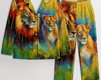 Lion and Cub Satin Pajama Set, Artistic Wildlife Sleepwear, Silky Artistic Lion PJs, Animal Loungewear, Vibrant Lion Cub Savannah Nightwear
