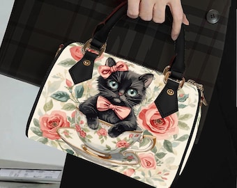 Preppy Black Cat Barrel Handbag, Floral Black Cat PU Leather Boston Bag, Cottagecore Satchel Purse, Cute Cat Boston Bag, Cat Vintage Handbag