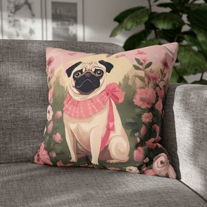 Funda de almohada cuadrada Pug and Flowers, funda de almohada decorativa Mops florales acogedoras, funda de cojín estética Pug Cottagecore, decoración del hogar Cute Mops