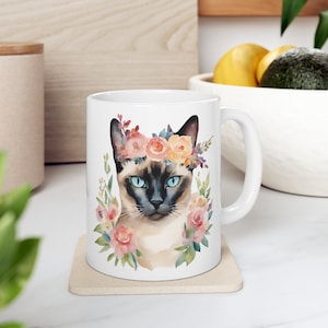 Floral Siamese cat Ceramic Mug, 11oz, Siamese cat watercolor Mug, flowers Siamese cat coffee Mug, Siamese cat gifts Cute Siamese cat tea cup