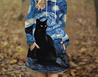 Starry Night Black Cat Hoodie Dress | Cat Van Gogh Inspired Art Hoodie Dress | Cozy Cat Lover Pullover Dress | Cat Galaxy Hoodie Dress