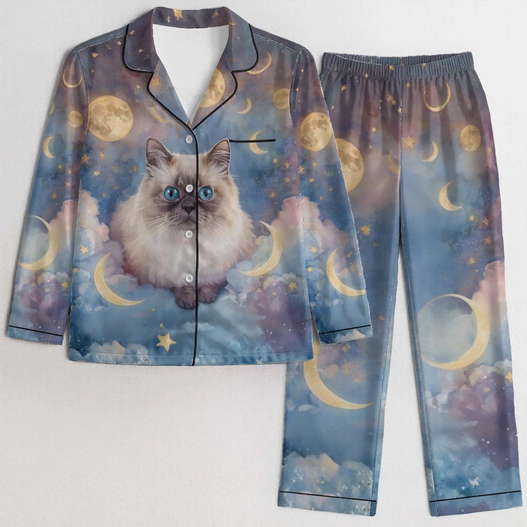 Celestial Cat Satin Pajama Set, Whimsical Moon & Stars Sleepwear ...