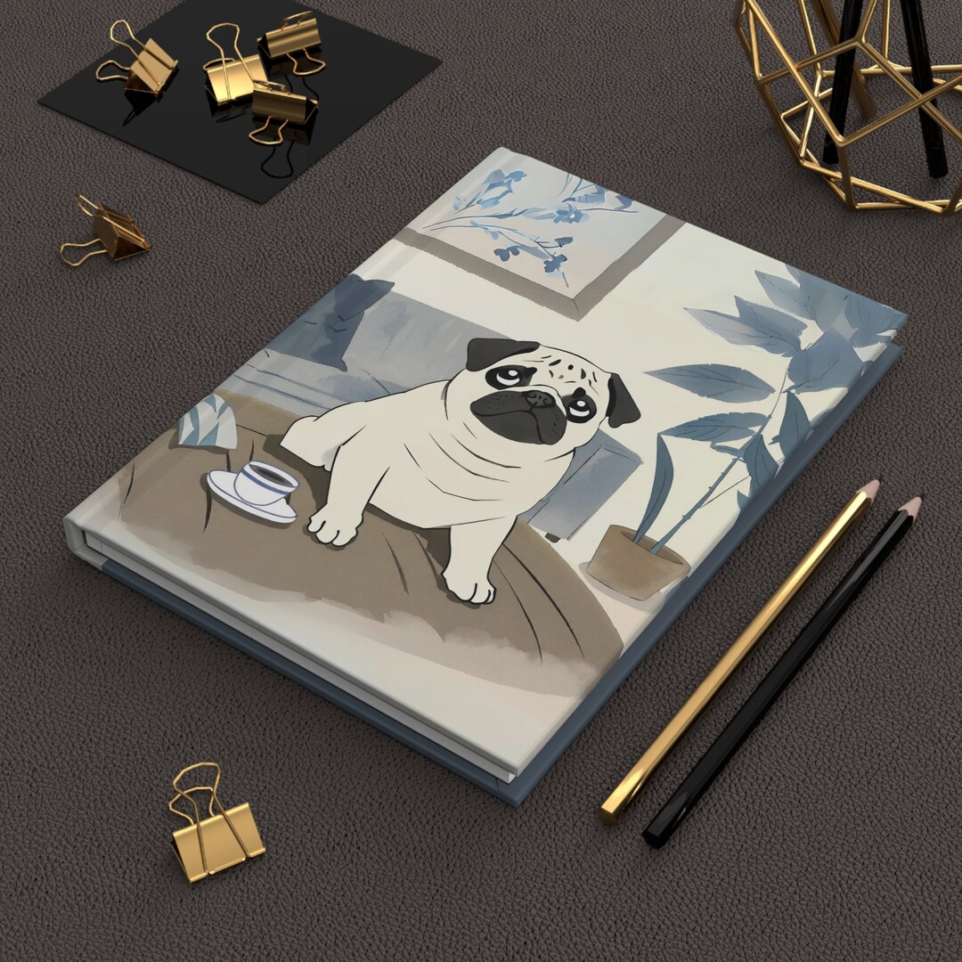 Cute Pug Art Matte Hardcover Journal, Cozy Mops Notebook, Ukiyo-e Style ...