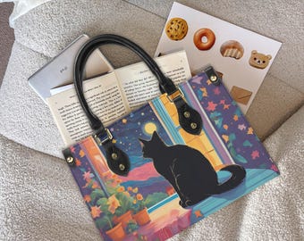 Black Cat Handbag – Starry Night Aesthetic Tote, Artistic Leather Shoulder Bag for Cat Lovers, Cat aesthetic tote bag, Cat faux leather bag