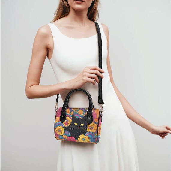 Boho Floral Black Cat Mini Boston Bag – Small PU Leather Satchel