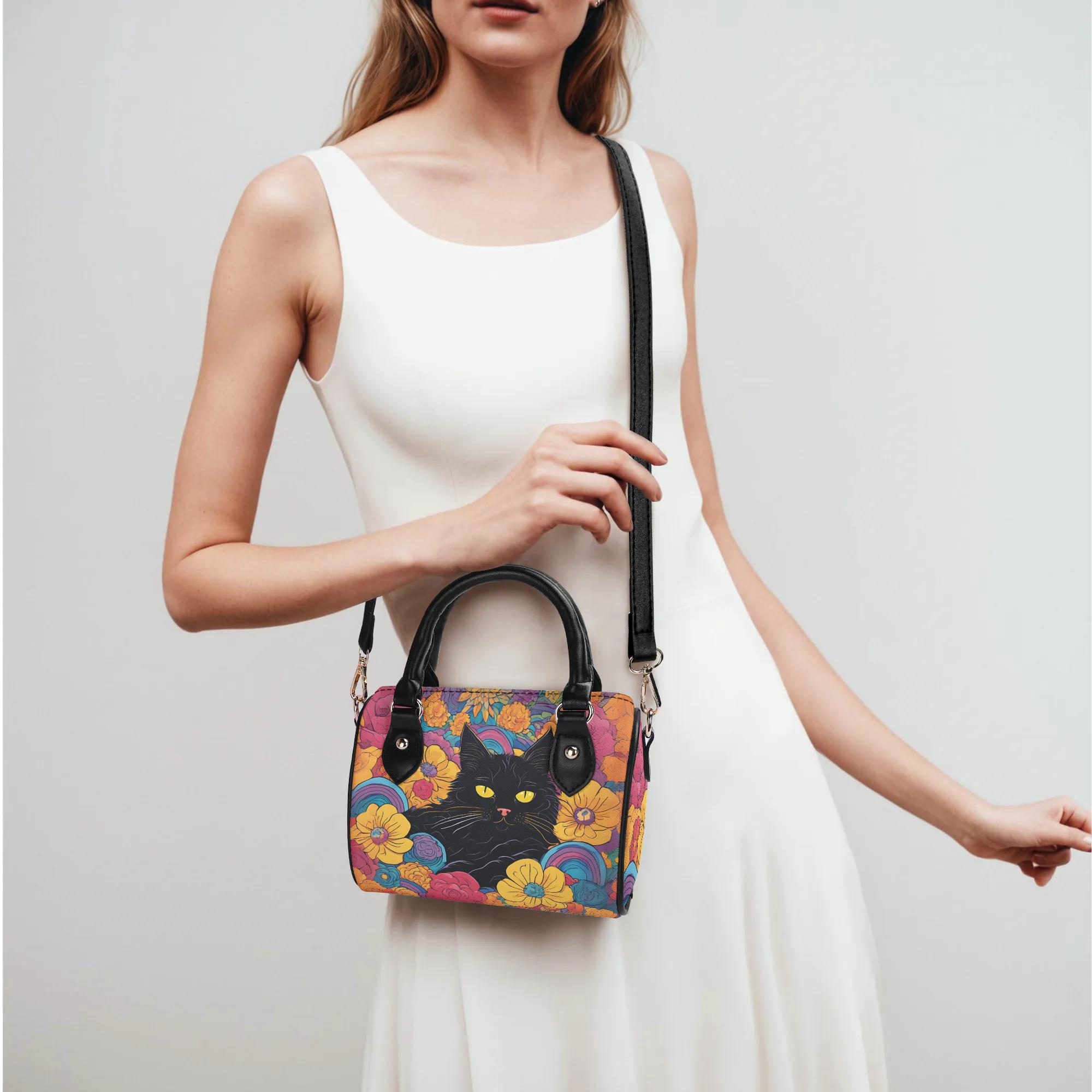 Boho Floral Black Cat Mini Boston Bag – Small PU Leather Satchel