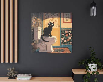 面白い黒猫のバスルームアート、日本のキャンバス壁アート、トイレの