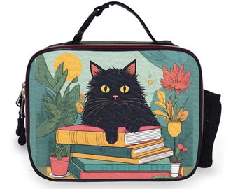 Bolsa de almuerzo con diseño de gato negro y libros / Bolsa de almuerzo con diseño de gato literario y adorable / Bolsa de picnic aislante de cuero sintético con diseño de gato amante de las plantas y los libros /
