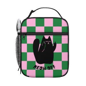 Divertida bolsa de almuerzo con aislamiento de gato negro, bolsa de almuerzo a cuadros, bolsa de almuerzo con dedo medio, impermeable y portátil para el trabajo, la escuela o un picnic