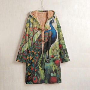 May include: A long, hooded coat featuring a vibrant peacock design. The coat has a brown toggle closure and a soft, tan-colored lining. The peacock is depicted with blue, green, and red feathers against a backdrop of foliage.