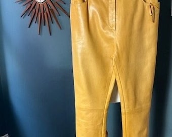 Vintage prelove CHANEL leather - beautiful deep mustard trousers/pants -silk lined calf leather size small -straight legged tassel pocket.