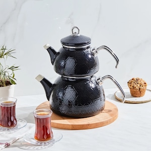 Black Enamel Turkish Tea Pot Set,Double-Layered Stovetop Kettle,Elegant Gift for Tea Lovers & Moms,Turkish Tea Pot,Traditional Teapot