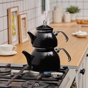 Black Enamel Turkish Tea Pot Set,Double-Layered Stovetop Kettle,Elegant Gift for Tea Lovers & Moms,Turkish Tea Pot,Traditional Teapot