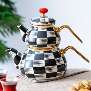 Teiera turca, bollitore smaltato, teiera smaltata in stile antico, idea regalo per cucina rustica, bollitore a due fornelli, accessori da cucina boho